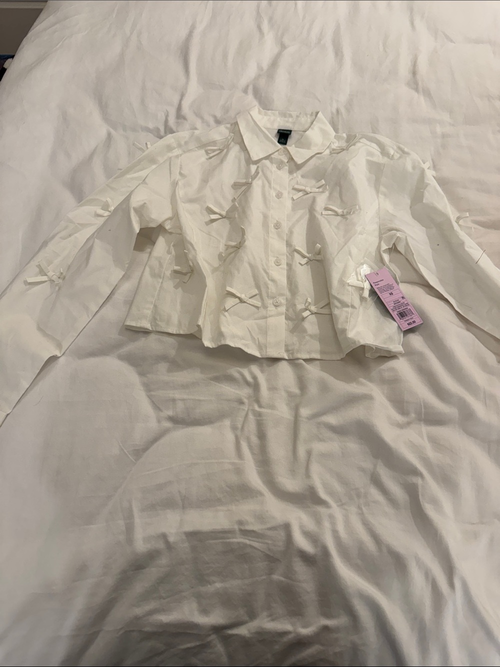 White Bow Accent Button-Front Crop Blouse